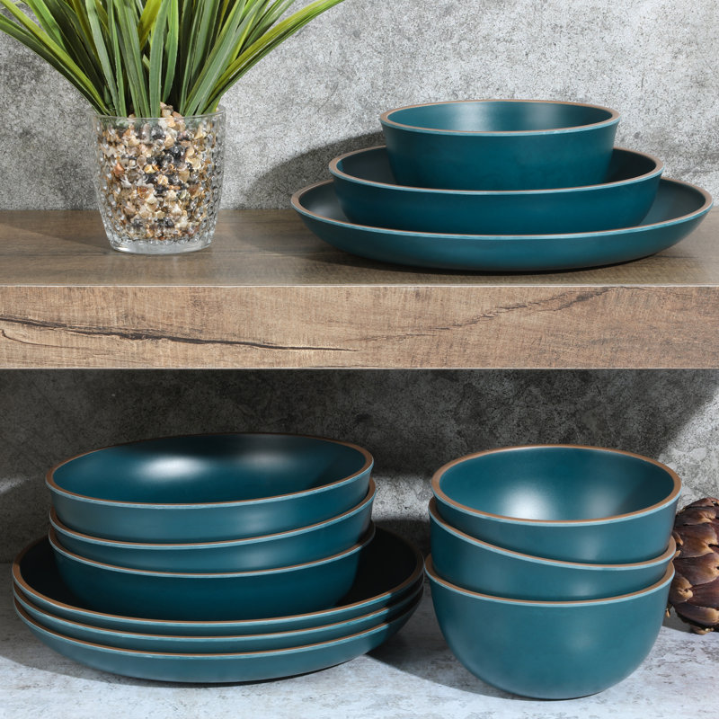 Gibson Home Rockabye 12 Piece Double Bowl Melamine Plastic Dinnerware Set Matte Teal